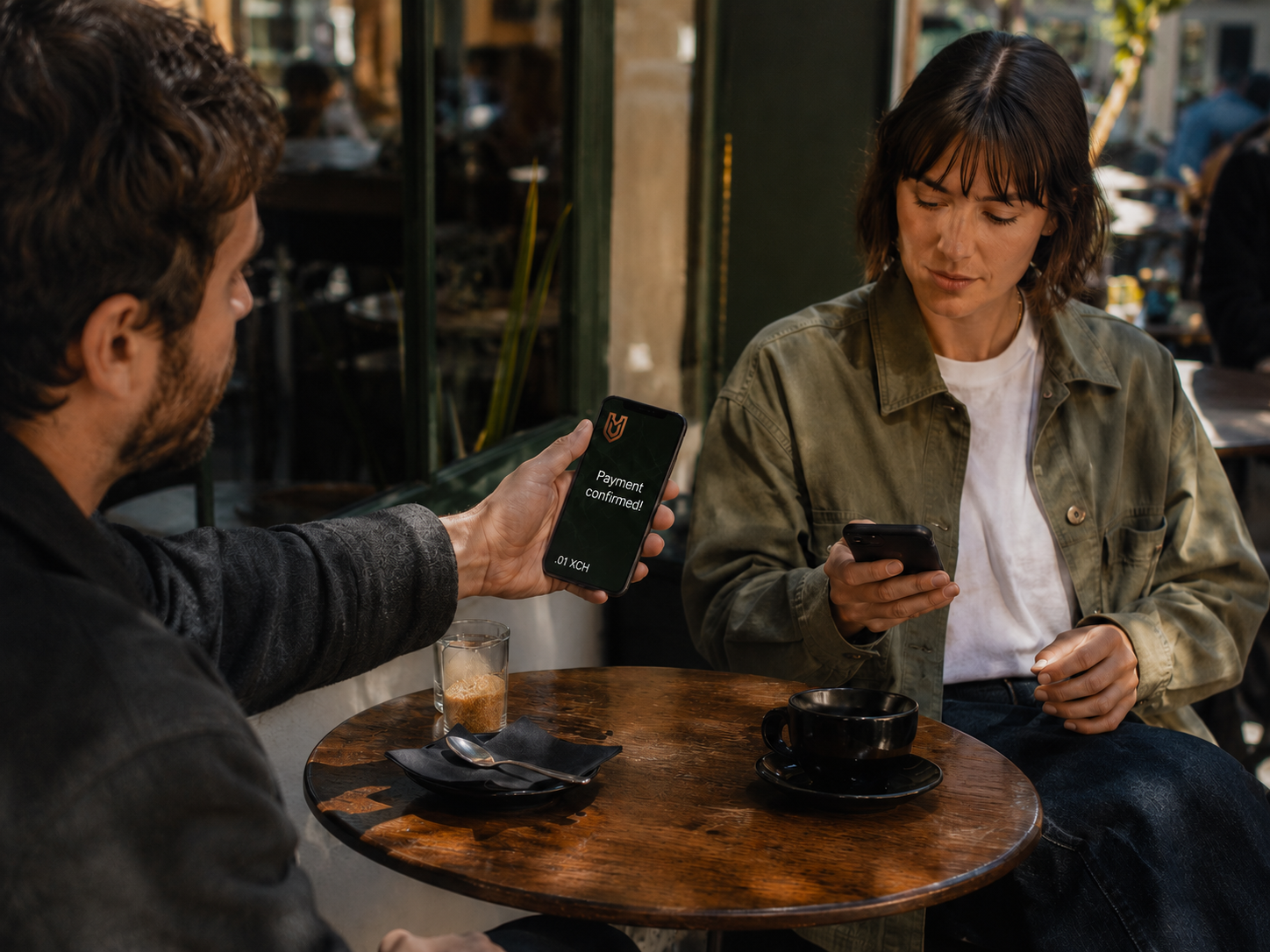 Two phones agreeing on context before a payment crosses any rail.